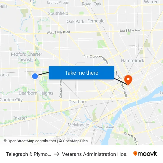 Telegraph & Plymouth to Veterans Administration Hospital map