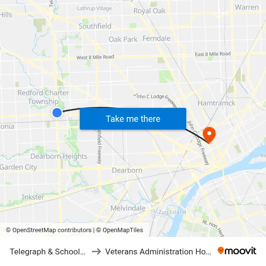 Telegraph & Schoolcraft to Veterans Administration Hospital map