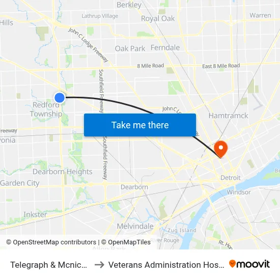Telegraph & Mcnichols to Veterans Administration Hospital map