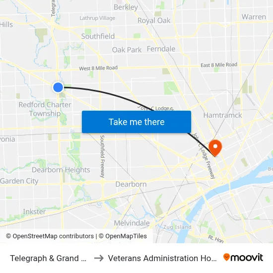 Telegraph & Grand River to Veterans Administration Hospital map