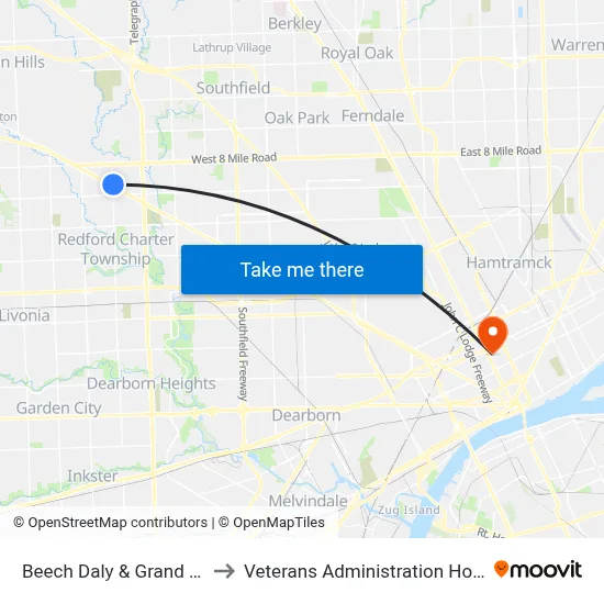 Beech Daly & Grand River to Veterans Administration Hospital map
