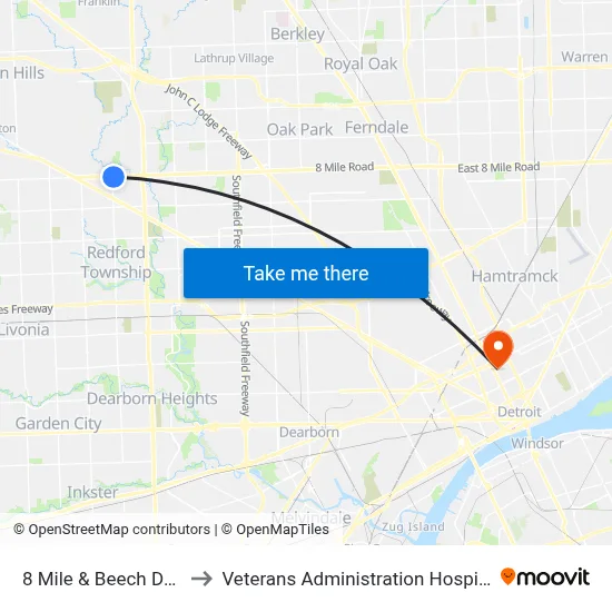 8 Mile & Beech Daly to Veterans Administration Hospital map