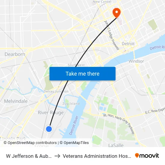 W Jefferson & Auburn to Veterans Administration Hospital map