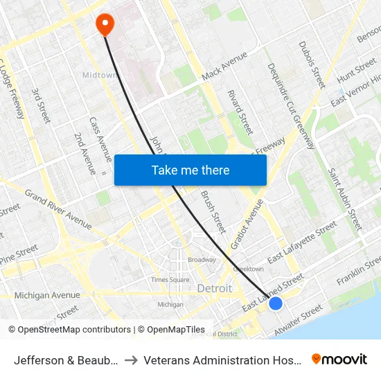 Jefferson & Beaubien to Veterans Administration Hospital map