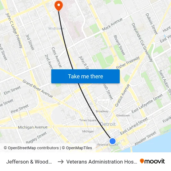 Jefferson & Woodward to Veterans Administration Hospital map