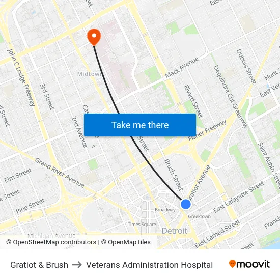 Gratiot & Brush to Veterans Administration Hospital map
