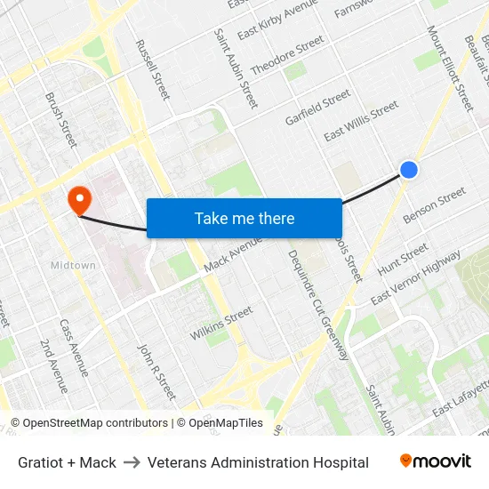 Gratiot & Mack to Veterans Administration Hospital map