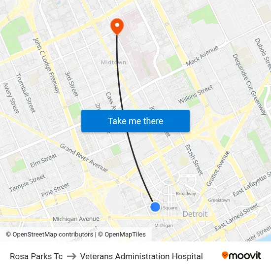 Rosa Parks Tc to Veterans Administration Hospital map