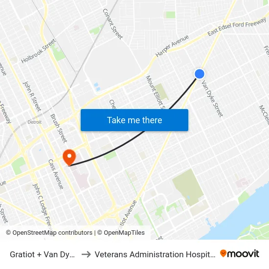 Gratiot & Van Dyke to Veterans Administration Hospital map