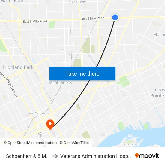 Schoenherr & 8 Mile to Veterans Administration Hospital map