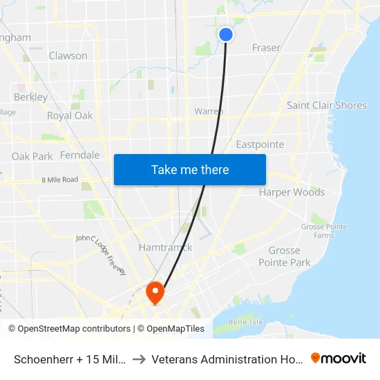 Schoenherr @ 15 Mile to Veterans Administration Hospital map