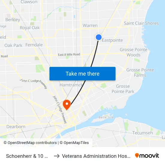 Schoenherr & 10 Mile to Veterans Administration Hospital map