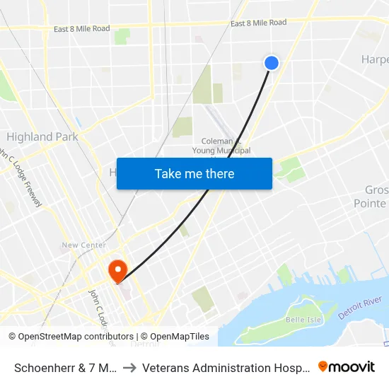 Schoenherr & 7 Mile to Veterans Administration Hospital map