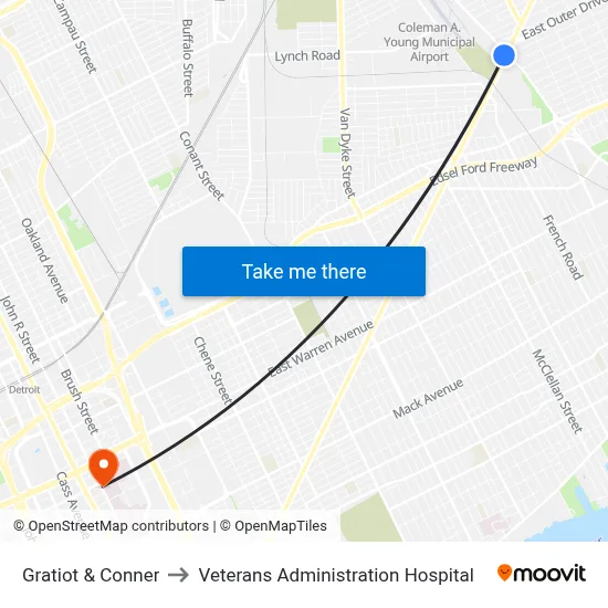 Gratiot & Conner to Veterans Administration Hospital map
