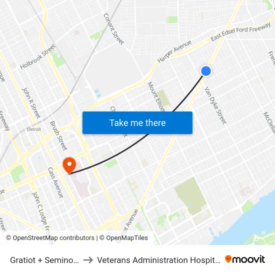 Gratiot + Seminole to Veterans Administration Hospital map