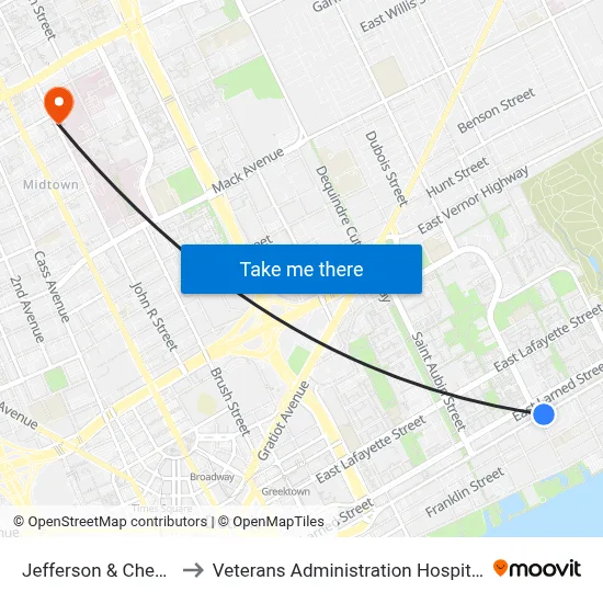 Jefferson & Chene to Veterans Administration Hospital map