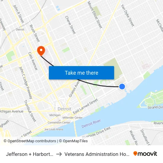 Jefferson & Harbortown to Veterans Administration Hospital map