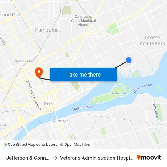 Jefferson & Conner to Veterans Administration Hospital map