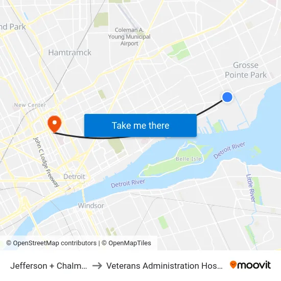 Jefferson & Chalmers to Veterans Administration Hospital map