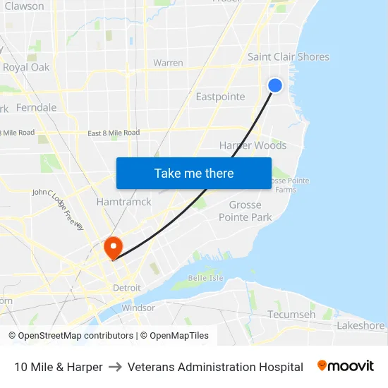 10 Mile & Harper to Veterans Administration Hospital map