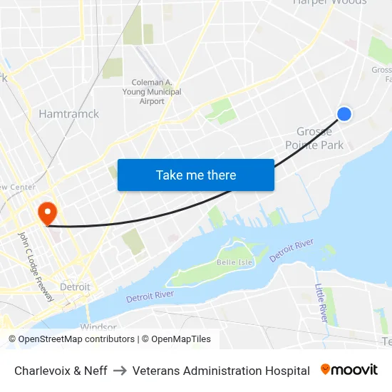 Charlevoix & Neff to Veterans Administration Hospital map