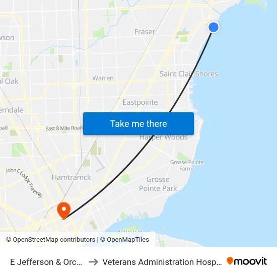 E Jefferson & Orchid to Veterans Administration Hospital map