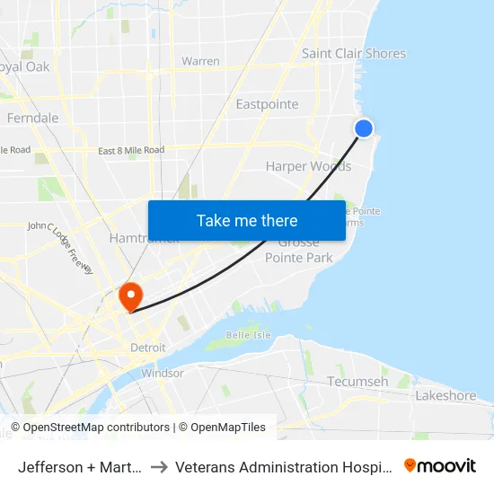 Jefferson & Marter to Veterans Administration Hospital map