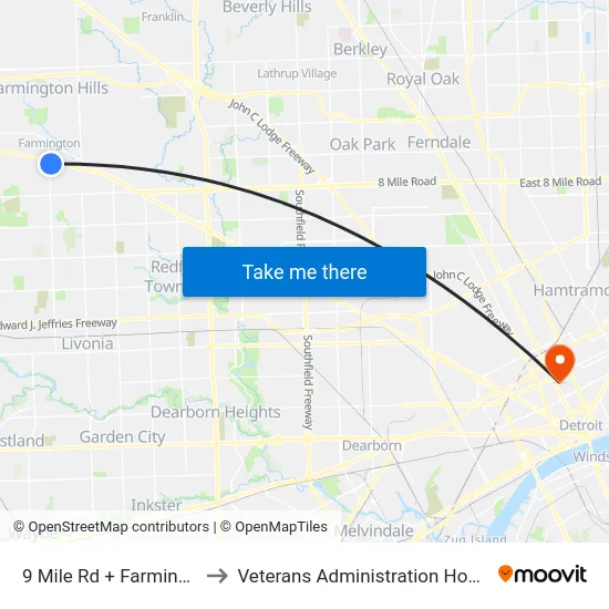 9 Mile & Farmington to Veterans Administration Hospital map