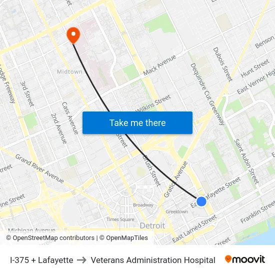 I-375 & Lafayette to Veterans Administration Hospital map