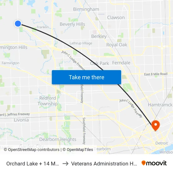 Orchard Lake + 14 Mile Rd to Veterans Administration Hospital map