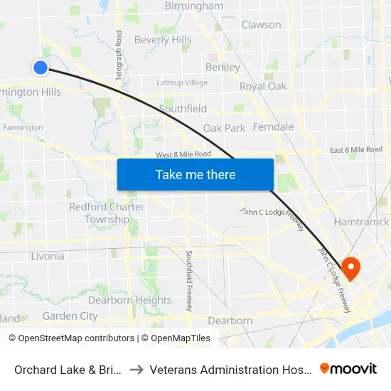 Orchard Lake & Bristol to Veterans Administration Hospital map