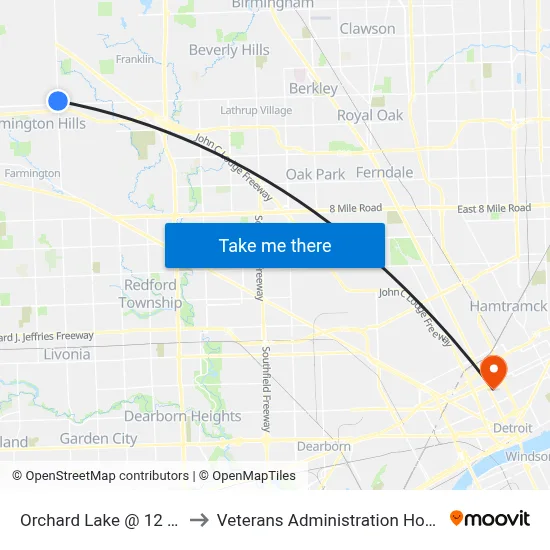 Orchard Lake @ 12 Mile to Veterans Administration Hospital map
