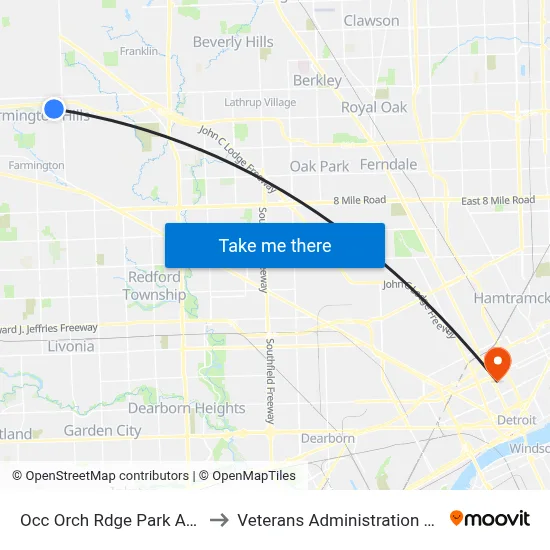 Occ Orch Rdge Park And Ride to Veterans Administration Hospital map