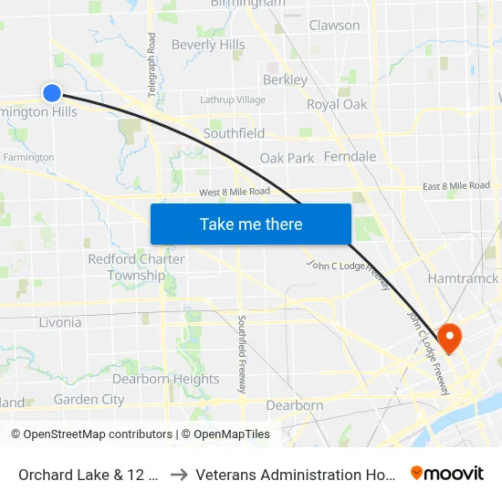 Orchard Lake & 12 Mile to Veterans Administration Hospital map