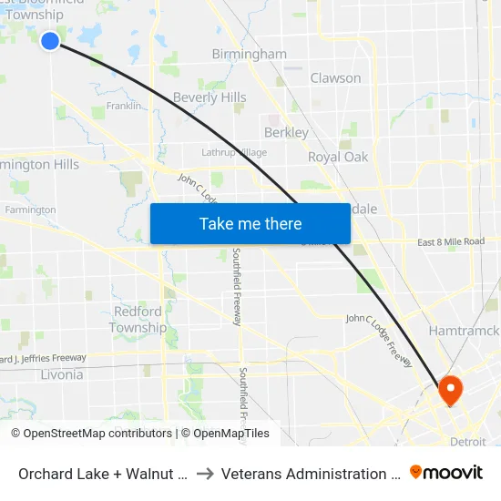 Orchard Lake & Walnut Lake to Veterans Administration Hospital map