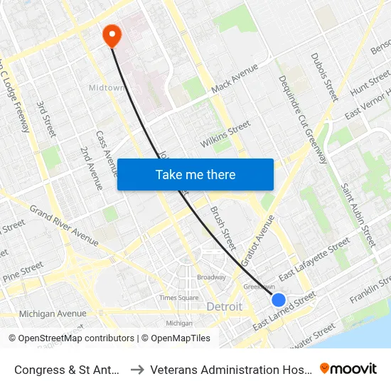 Congress & St Antoine to Veterans Administration Hospital map
