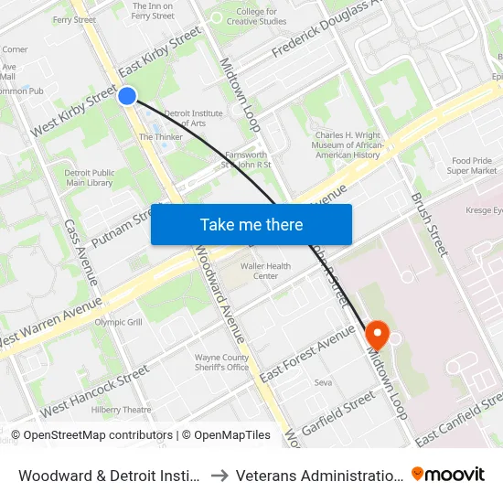 Woodward & Detroit Institute Of Arts to Veterans Administration Hospital map