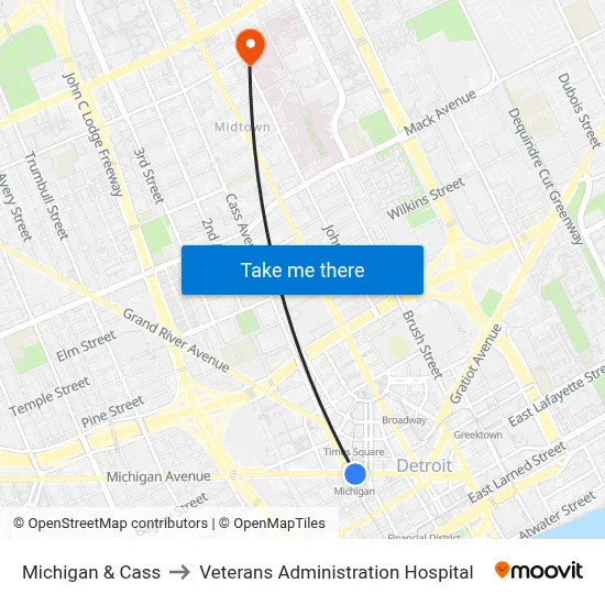 Michigan & Cass to Veterans Administration Hospital map
