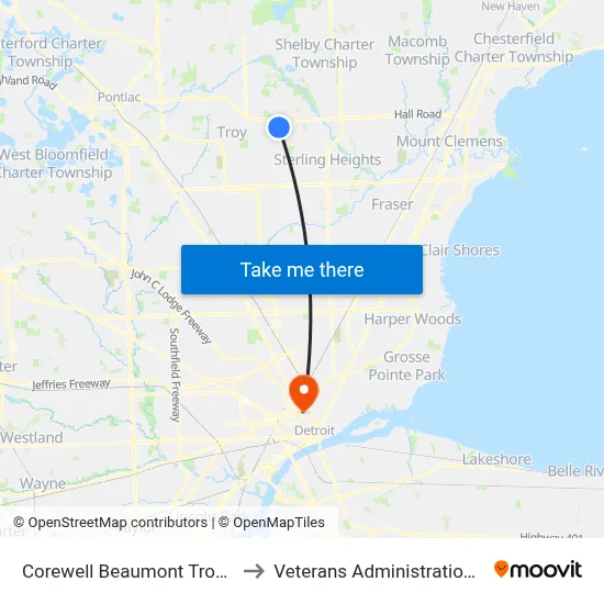 Corewell Beaumont Troy Hospital to Veterans Administration Hospital map
