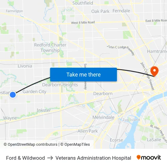 Ford & Wildwood to Veterans Administration Hospital map