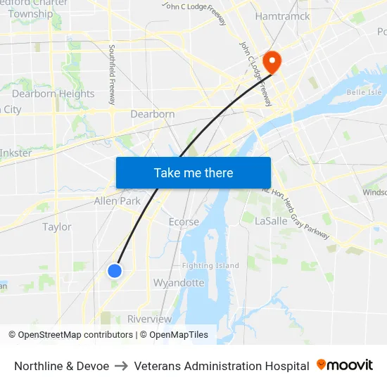 Northline & Devoe to Veterans Administration Hospital map