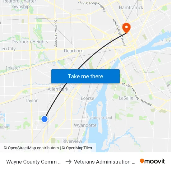 Wayne County Comm College to Veterans Administration Hospital map