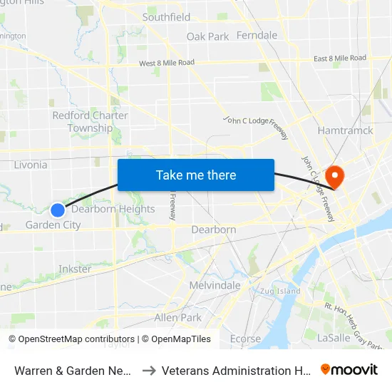 Warren & Garden Nearside to Veterans Administration Hospital map