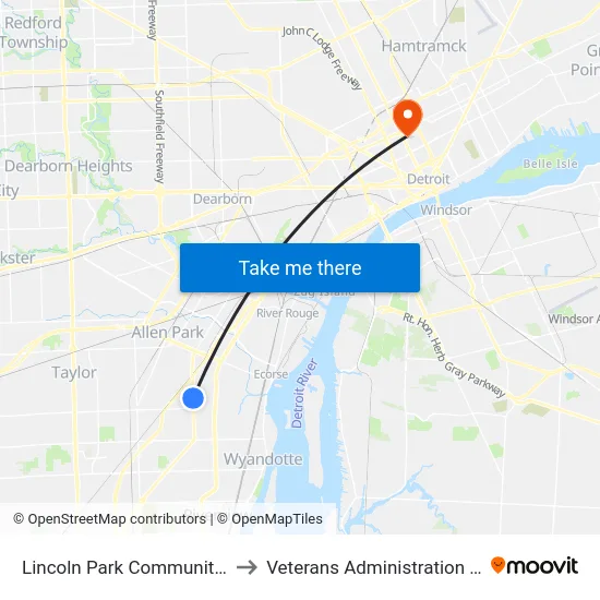 Lincoln Park Community Center to Veterans Administration Hospital map