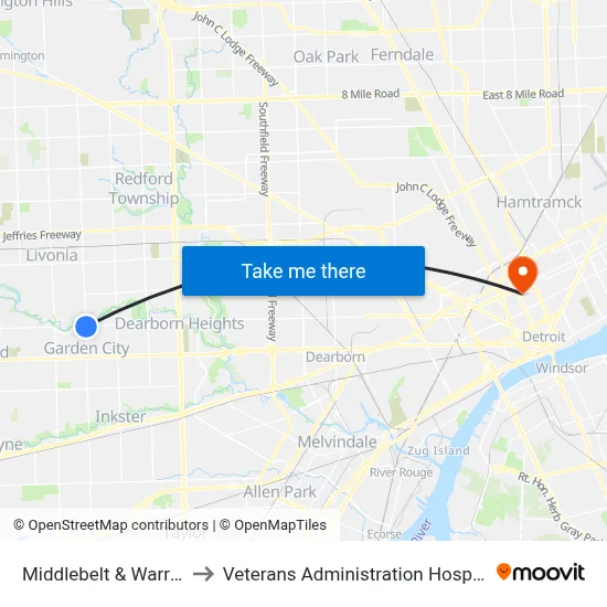 Middlebelt & Warren to Veterans Administration Hospital map