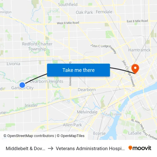Middlebelt & Dover to Veterans Administration Hospital map