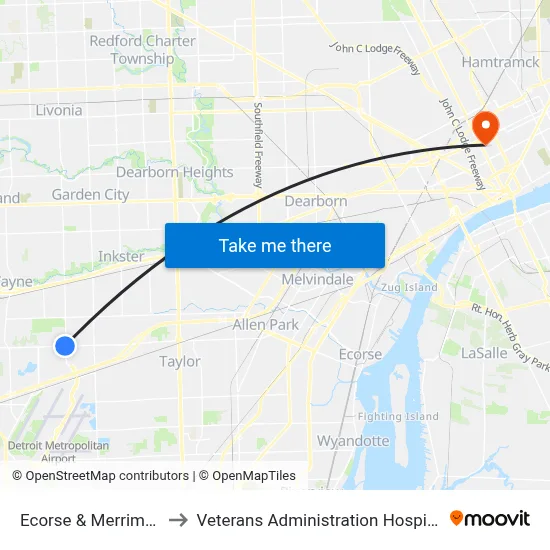 Ecorse & Merriman to Veterans Administration Hospital map