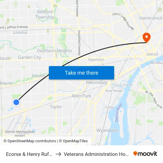 Ecorse & Henry Ruff Nearside to Veterans Administration Hospital map