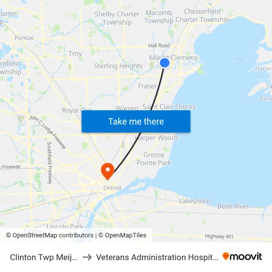 Clinton Twp Meijer to Veterans Administration Hospital map
