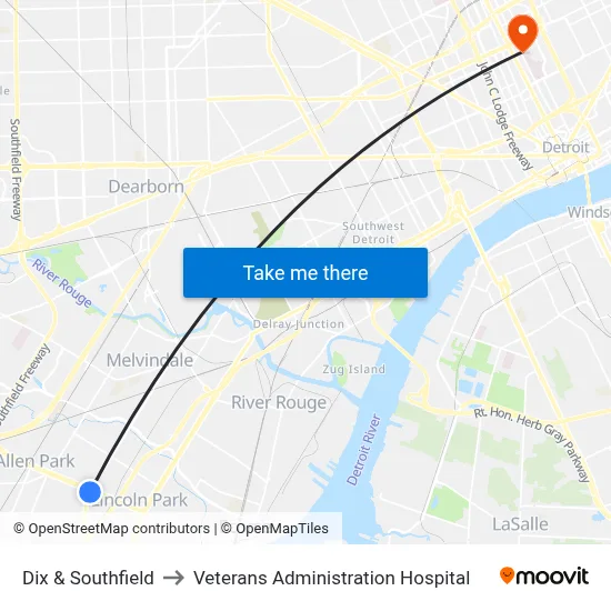 Dix & Southfield to Veterans Administration Hospital map